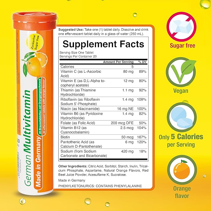 T&D German Multvitamin 10 Vitamins - 40 Vegan Drink Effervescent Tablets - Orange Flavor - Made in Germany
