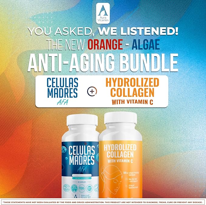 Aura Vitamin Mega Antioxidant Bundle | Hydrolyzed Collagen & AFA Stem Cell | Hydrolyzed Collagen with Vitamin C, Aphanizomenon Flos-Aquae | Celula Madre Skin, Hair and Nail Support – 60 Each Caps (1)