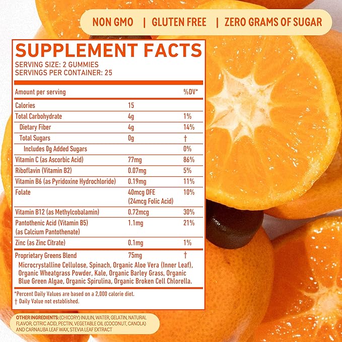 8Greens Daily Fiber Super Greens Gummies - Tangerine Flavor: Boost Immune System & Digestive Health with 8 Real Greens - Non-GMO Formula, Chewables, 50 Vegan Gummies, Pack of 3