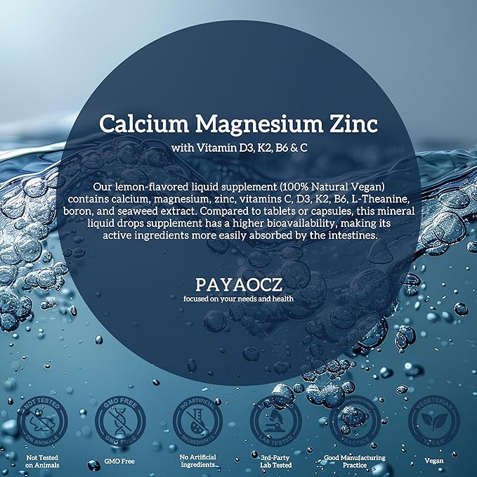 (4 Pack) 10 in 1 Calcium Magnesium Zinc Supplement, Magnesium Glycinate Complex Liquid Drops with Vitamin D3 K2 B6, Vegan Calcium Citrate Bone & Immune Health Support, Sleep & Cramps, Boron, 1 Fl Oz