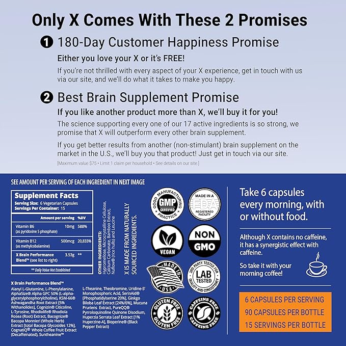 X - The Ultimate Brain Performance Enhancer — World's Most Powerful Brain Supplement Capsule - Increase Focus, Energy, Memory, Concentration, Productivity - Backed by Science - Nootropic Stack