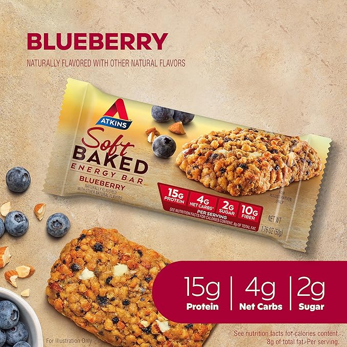 Atkins Soft Baked Energy Bars, Blueberry, 15g Protein,2g Sugar, Excellent Source of Fiber, Low Carb, 4 Packs (5 Bars Each) & Chocolate Almond Butter Protein Meal Bar, Keto Friendly, 5 Count