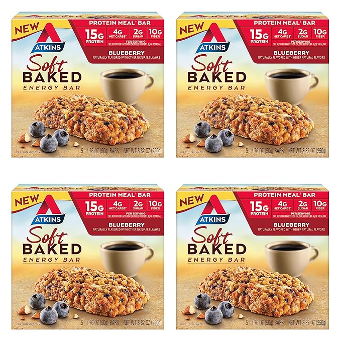 Atkins Soft Baked Energy Bars, Blueberry, 15g Protein,2g Sugar, Excellent Source of Fiber, Low Carb, 4 Packs (5 Bars Each) & Chocolate Almond Butter Protein Meal Bar, Keto Friendly, 5 Count