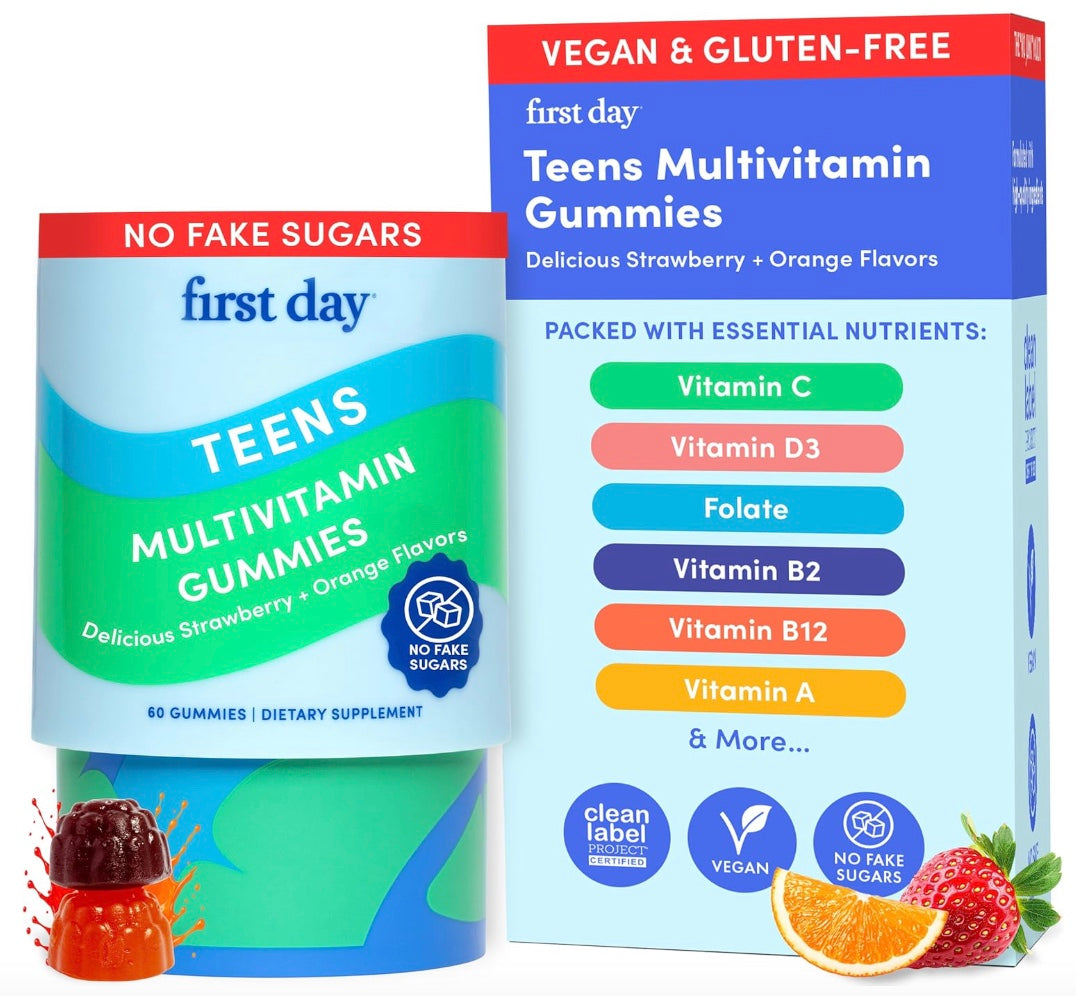 FIRST DAY Teens Daily Kickstart Multivitamin Gummies for Ages 14+ – Vitamins A, B1, B2, B6, E, B12, C, D3 & K2 + Zinc & Folate – Made w/Organic Fruits & Veggies, Only 2g Sugar – 30 Day Supply