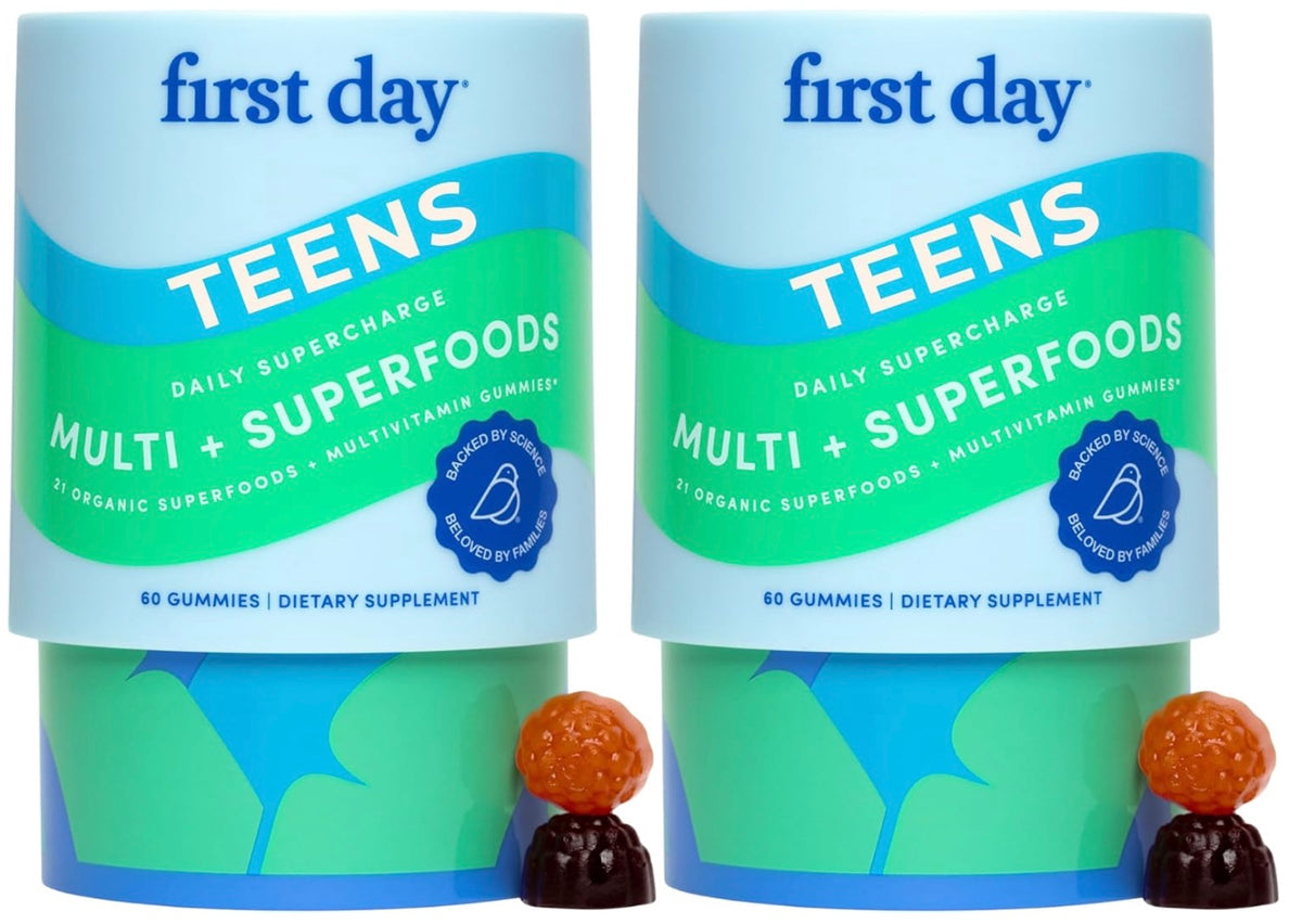 FIRST DAY Teens Daily Kickstart Multivitamin Gummies for Ages 14+ – Vitamins A, B1, B2, B6, E, B12, C, D3 & K2 + Zinc & Folate – Made w/Organic Fruits & Veggies, Only 2g Sugar – 2-Pk, 60 Day Supply