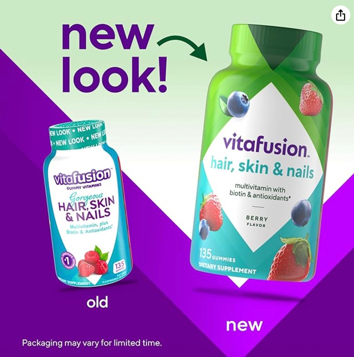 Vitafusion Gorgeous Hair, Skin & Nails Multivitamin plus Biotin and Antioxidant vitamins C&E, Raspberry Flavor, 135ct (45 day supply), from America’s Number One Gummy Vitamin Brand