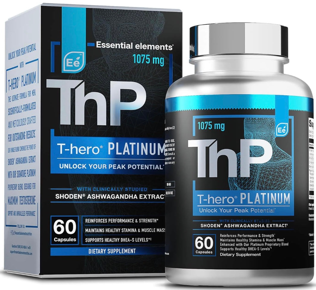 Essential Elements T-Hero Platinum Male Health Supplement for Mens Health - Muscle Growth Support & T-Health with Shoden Ashwagandha, Shilajit, DIM & More - Gym Supplements for Men - 60 Caps
