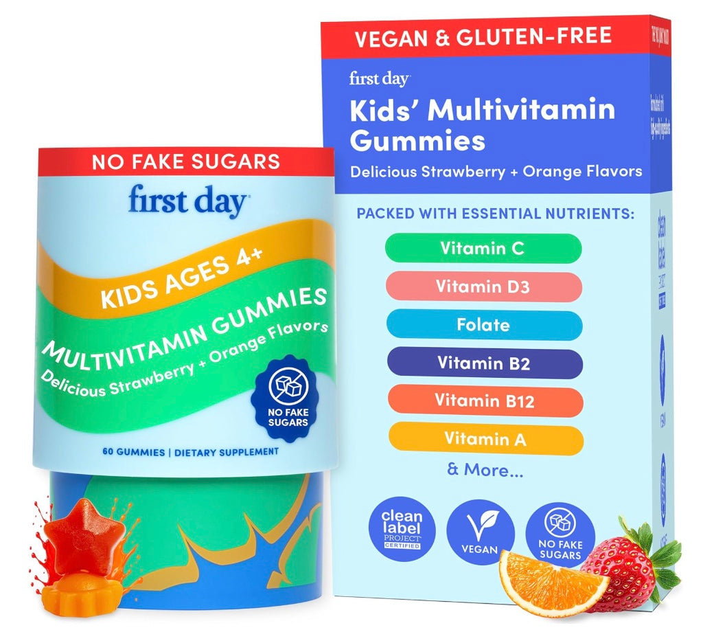 FIRST DAY Kids Daily Multivitamin Gummies – Vitamin A, D3, B6, B12, C, K2 & More to Support Growth, Brain Function, Immunity – Made w/Organic Fruits & Veggies, Only 2g Sugar – 4-Pk, 120 Day Supply
