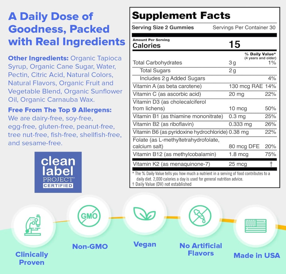 FIRST DAY Kids Daily Multivitamin Gummies – Vitamin A, D3, B6, B12, C, K2 & More to Support Growth, Brain Function, Immunity – Made w/Organic Fruits & Veggies, Only 2g Sugar – 4-Pk, 120 Day Supply