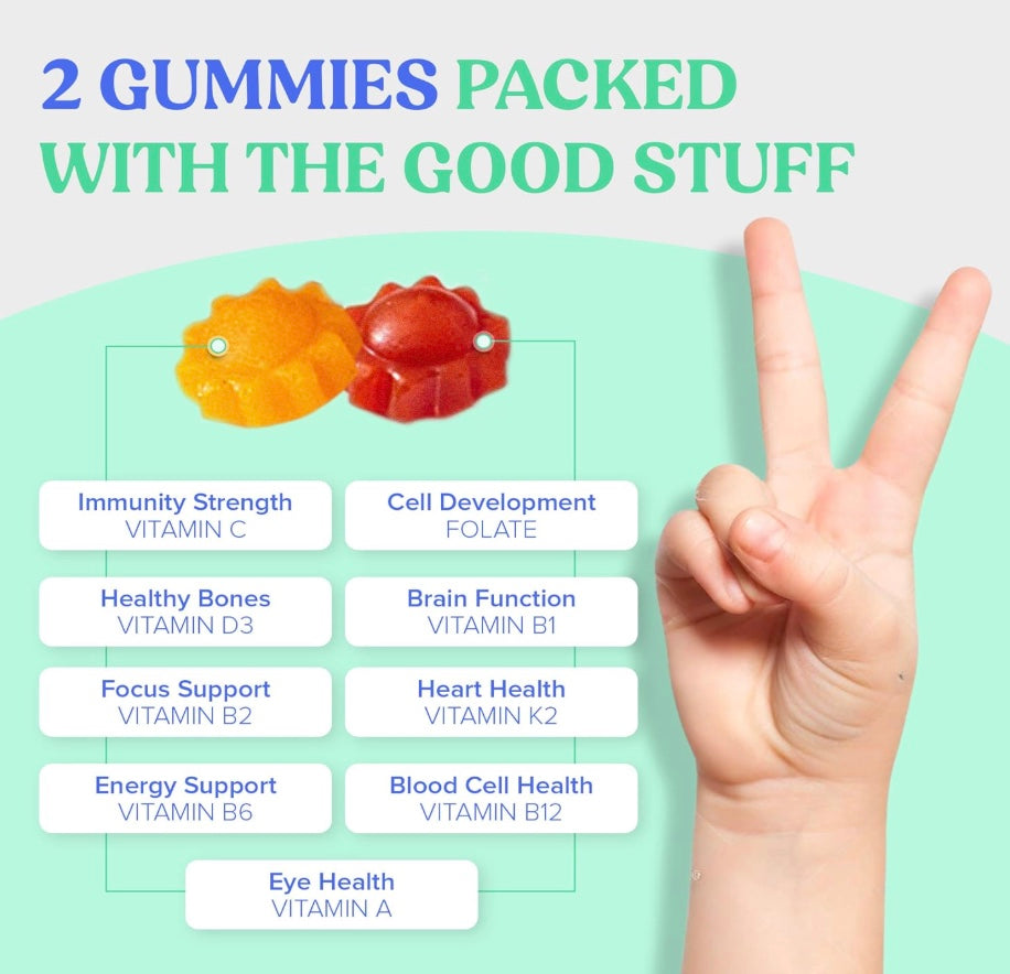 FIRST DAY Kids Daily Multivitamin Gummies – Vitamin A, D3, B6, B12, C, K2 & More to Support Growth, Brain Function, Immunity – Made w/Organic Fruits & Veggies, Only 2g Sugar – 4-Pk, 120 Day Supply