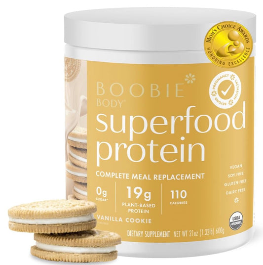 Boobie Body Superfood Protein Meal Replacement Shake, Vanilla Cookie Flavor | 19g Protein | Safe for Pregnancy, Lactation, & Motherhood | Organic, Vegan, Zero Sugar, 1 Tub (21 oz.)